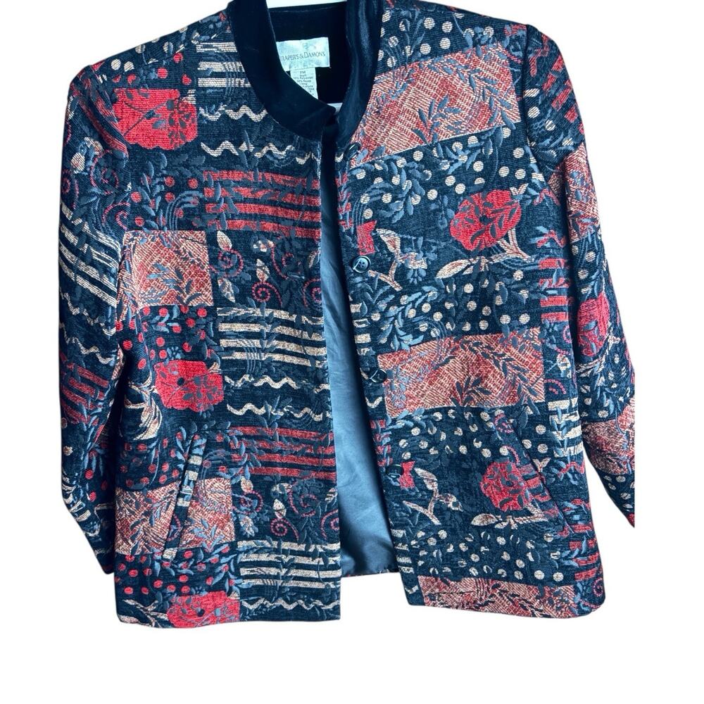 Draper’s & Damon’s Petite’s Tapestry Jacket Sz PM Velvet Collar Patchwork Artsy